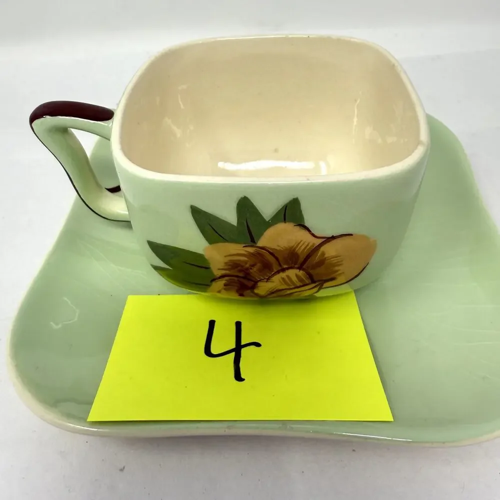 Weil Ware California Pottery Cup & Plate Set Hand Decorated Bamboo Lotus Vintage